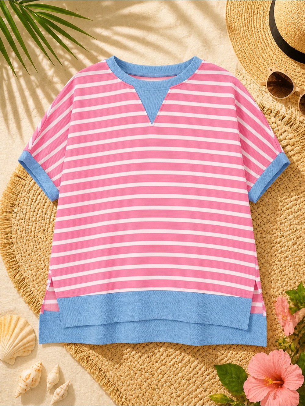 Striped Pink & Blue Short Sleeve Pullover